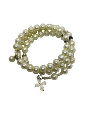 Coil Wrap Faux Pearl Bracelet w/Silver Tone Beads & Cross Charm